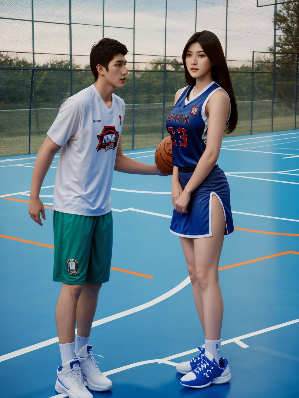 beautiful girl from Thailand, closing eyes, facing a man, wearing a tight red basketball jersey with 'Wak FARIZI My LV' embroidered on it, white basketball shoes, red shorts, long black hair, squatting on her man's lap who is wearing a dark grey long sleeve flannel plaid shirt, straighten both his legs, hugging him with great affection, romantic lift hug, basketball court background, athletic fashion photography, passionate pose, from then on a basketball, by Emma Andijewska, playing basketball, jordan grimmer and natasha tan, basketball, by Natasha Tan, couple kissing, tumblr, tyler edlin and natasha tan, kissing together
