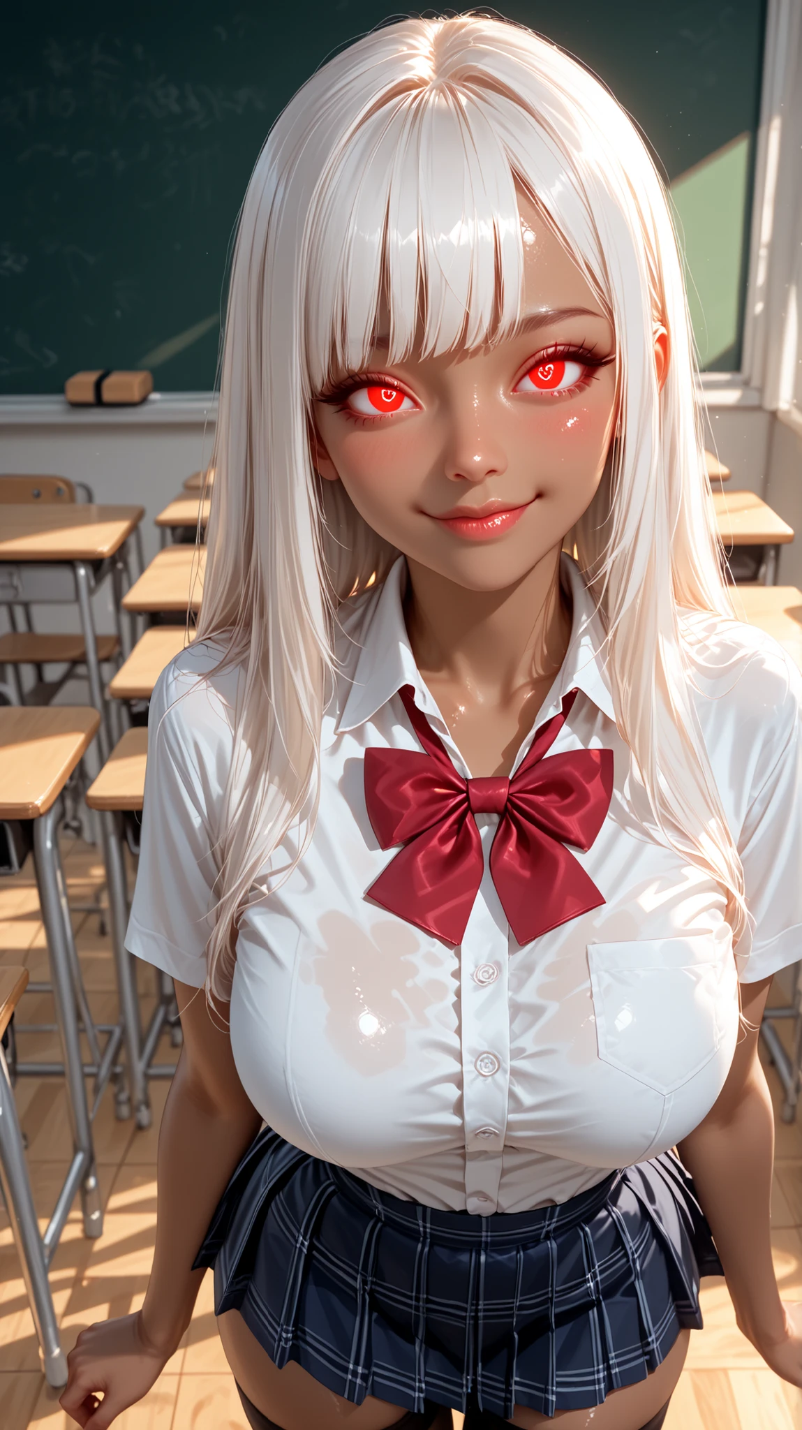 (Perfect anatomy), masterpiece, ultra high quality , 16k, masterpiece, higher quality, Ultra-high resolution, maximum resolution , ultra detailed, professional lighting, anime, so beautiful , Highly detailed 16k eye, highly detailed face,hyperrealistic eyes , Pretty Eyes , better quality, pretty face, attractive face, detailed facial test , Rotulo2, seductive face,(extremely detailed and high quality illustration),(best lighting and shading effects, high detail, medium, nice hips, perfect body, 1 girl, alone, high resolution, masterpiece, best quality, detailed CG, detailed face, detailed skin, long breasts, tanned (dark skin: 1.2), red eyes, slightly glowing eyes, white hair, long hair, straight hair, uneven bangs, blushing, smiling, shiny, school uniform, shirt, red bow, navy blue skirt, stockings, looking viewer, dynamic pose, close up view, classroom,