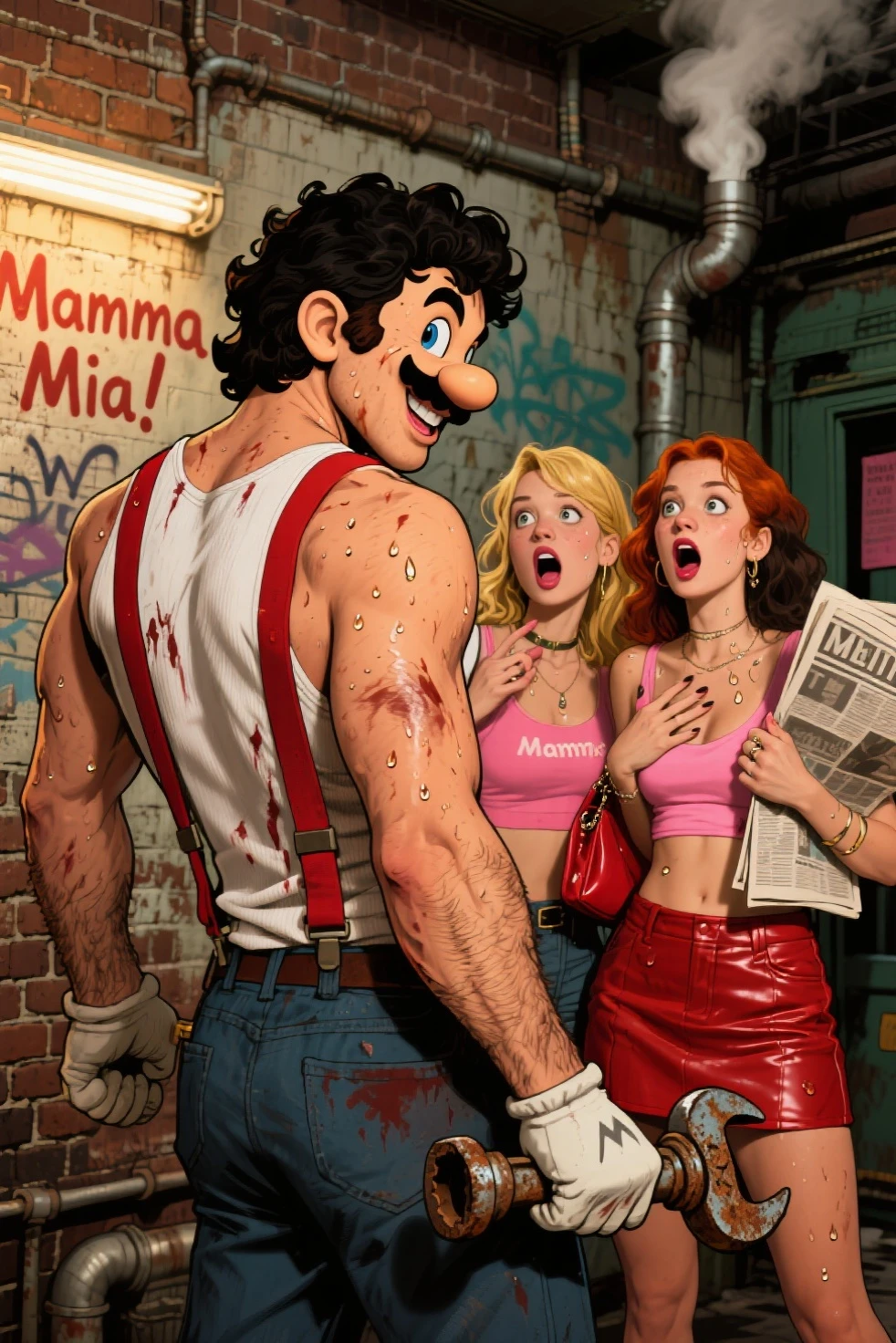 (best quality,4k,highres,masterpiece:1.2),ultra-detailed,(realistic:1.37) A woman with comically exaggerated features, dressed in sexy lingerie, is chasing a scared man. The woman has an ugly face with extremely detailed features, such as huge lips and small eyes. She also has saggy breasts, adding to the exaggerated appearance. The man is clearly terrified, depicted through his facial expression and body language. The scene is set in a dynamic and humorous style, reminiscent of the loney Tunes cartoons. The color palette is vibrant and playful, with bold and vivid colors. The lighting is bright and lively, illuminating the characters and emphasizing the comical atmosphere of the scene.