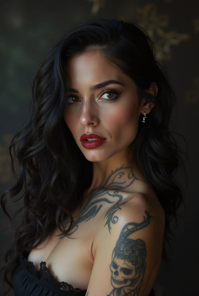 A female person with an oval face. She has full red lips and large, expressive light brown eyes. Her hair is long black. Black crown worthy of a cold sovereign, The skin is fair. Black dress with straps like a queen's. Both arms feature detailed black tattoos with floral and swirling designs that extend from the shoulders to the lower arms. Luxurious empire setting. Character for a book/digital art