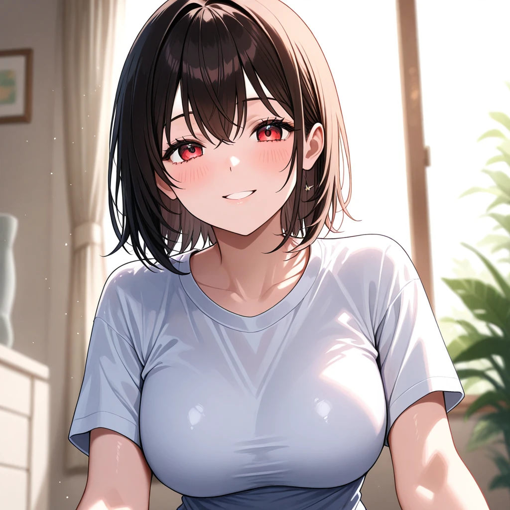masterpiece、Highest quality、Ultra-high resolution、Medium breasted girl、Thick thighs、red and large eyes,、Black short hair、The hair inside is colored、Excited face、Please open your mouth a little、Sensual Gravure Idol、Seductive pose、Sex-inviting pose、(Clothes:oversized white t-shirt)、Sweat all over、Squat