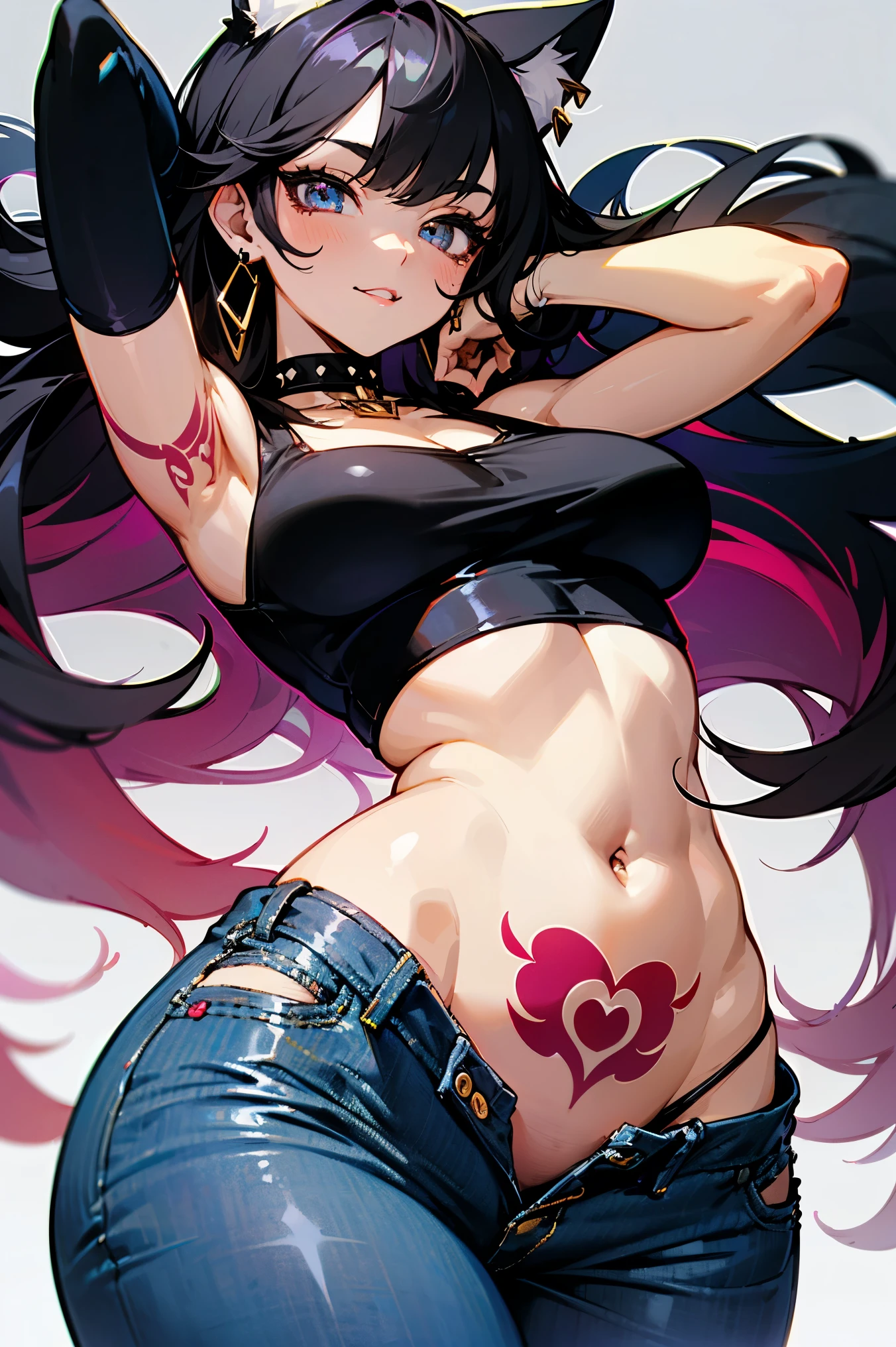 ((Long Straight Black hair)), Perfect face, Choker, Punk earrings, ((Tall)), ((High Quality)), Necklace, ((Mature)), Pretty Eyes, Sharp Nails, Bangs, ((1 Girl)), ((Multiple Earrings)), 1 girl, Spiky Earrings, Adult, Spiked Collar, Thin Eyelashes, ((Jeans)), ((Crop Top)), Close Up, Tall, Long Legs, ((Dynamic Pose)), Vibrant Colors, Sexy, Suggestive, Sexually Suggestive, Skinny, Teasing, Slender Body, Stylish, Bangs, Thick Eyeliner Around The Eyes, Tattoo Of Roses On Her Body, Small Eyes, Perfect Body, Sensual, ((Big Breasts)), Very Sharp Teeth, Thigh Highs, Punk, Close Up, Thick Thighs, Cat Girl, Very Large Cat Ears, NSFW, Naked, Nipples, Vagina, Perky Nipples, Bedroom,