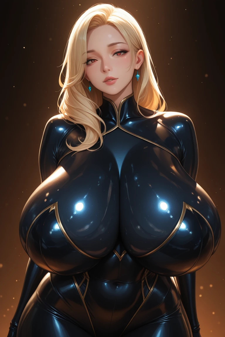 8k, Ultra Macro Photography, ((Bowsette)), (huge breasts), latex outfit, shiny/glossy latex, long sleeves one piece outfit, hyper black latex, long hair, long bangs, defined thick thighs, NSFW, hentai, perfect makeup, (detailed eyes), turquoise eyes, blonde hair, loose hairstyle, eyelashes, :o, bedroom, ((kneeling on bed)), (eyes looking at viewer), leaning forward, bend down, black horns