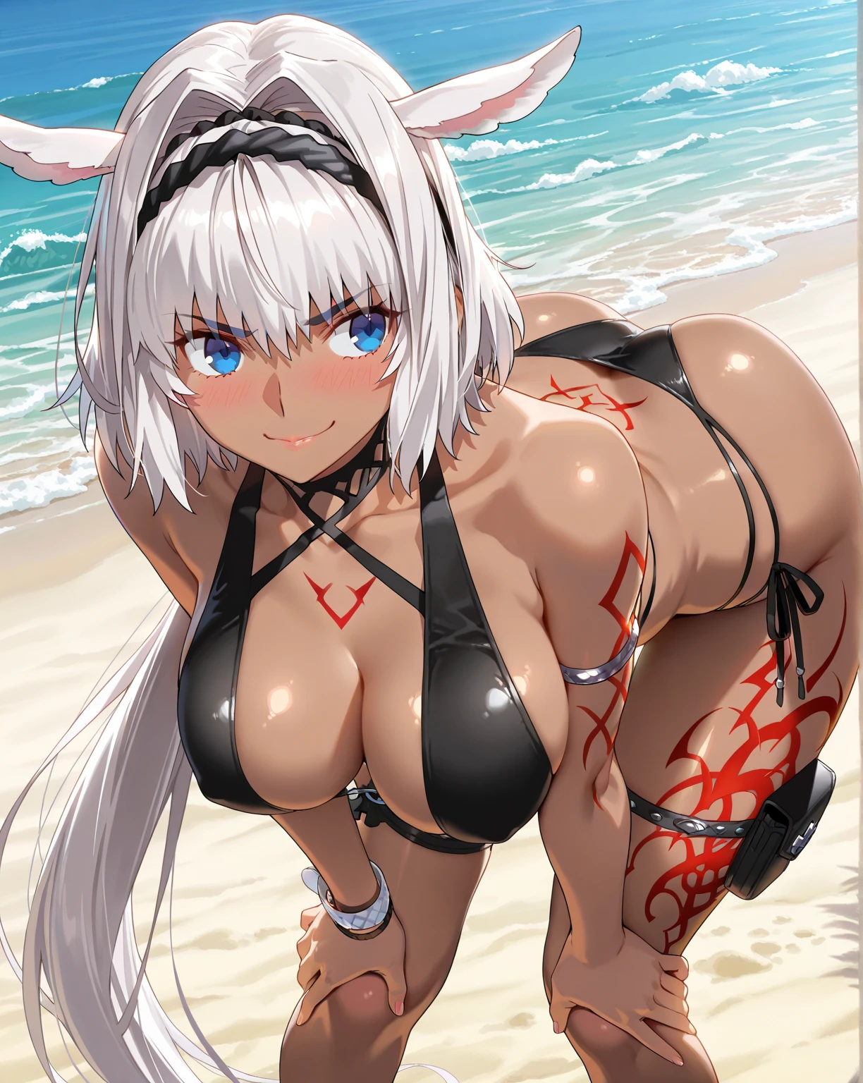 Best Quality,Shiny skin,1 female in her 30s,beautfull Japanease woman,Villain,(femdom),(Full body), ((hip tattoo)),silver blond,(High Ponytail),Brown eyes,Big breasts,Big ass,(Chubby body type),((from behind)),(((from above))),(((Sitting backwards))),((Crawling on all fours)),((hip focus)), (A white bikini , that focus on the sagging thighs)),((white and red leather high thigh boots) ),showing the shoulders,Angry smile,Five Fingers,Shiny skin,(prison),Night,doggy style vaginalsex,