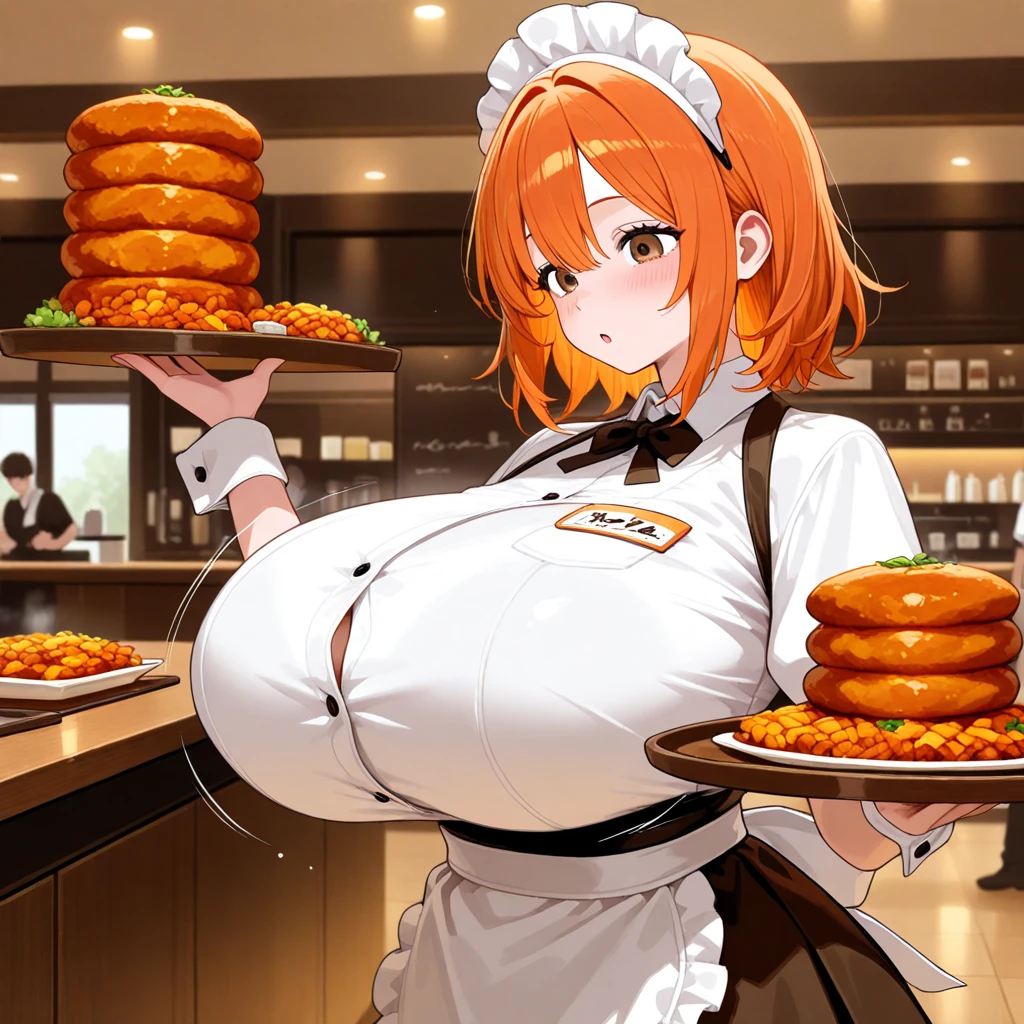 1woman, orange hair, working in a bakery, ponytail, , chubby, big breasts, wearing a apron and bakery work outfit. buttocks. chubby belly.
