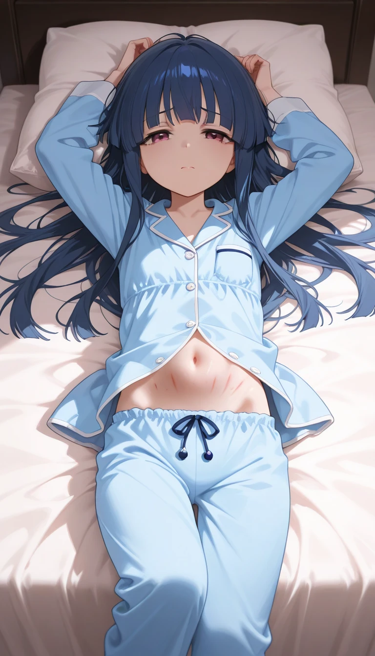 ,(masterpiece,Highest Quality),Light blue hoodie,(gypsy skirt),shortsleeves,A dark-haired, sleep on the bed, rug white bed