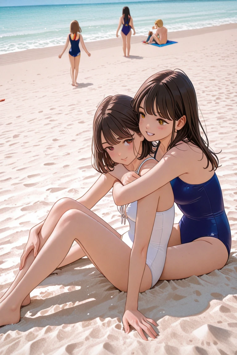 A woman with cerebral palsy and mental disability, lying on the sand of an abandoned beach, with a pink shirt and a white diaper, moaning for help