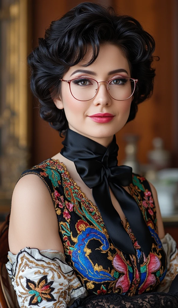 Professional, High level of detail, close up photo (attractive mature 55yo woman:1.3),medium black hair with hair ribbon, tied up, gray eyes, (wearing long sleeve red satin kebaya with detailes black batik ornament, long skirt)1.455,ray tracing, natural lighting, (seductive:1.1), (blushing:1.1 ), (classy, elegant, dandy)1.2, (round big breasts)1.2 (pokies)1.3, (toned body, hourglass body shape) (wipe hips), (full body with visible face and eyes)1.5, glasses, earnings, big tree, sit down at bench, city, necklace, tattoo on breast, crossed leg, shy smile, pink lips