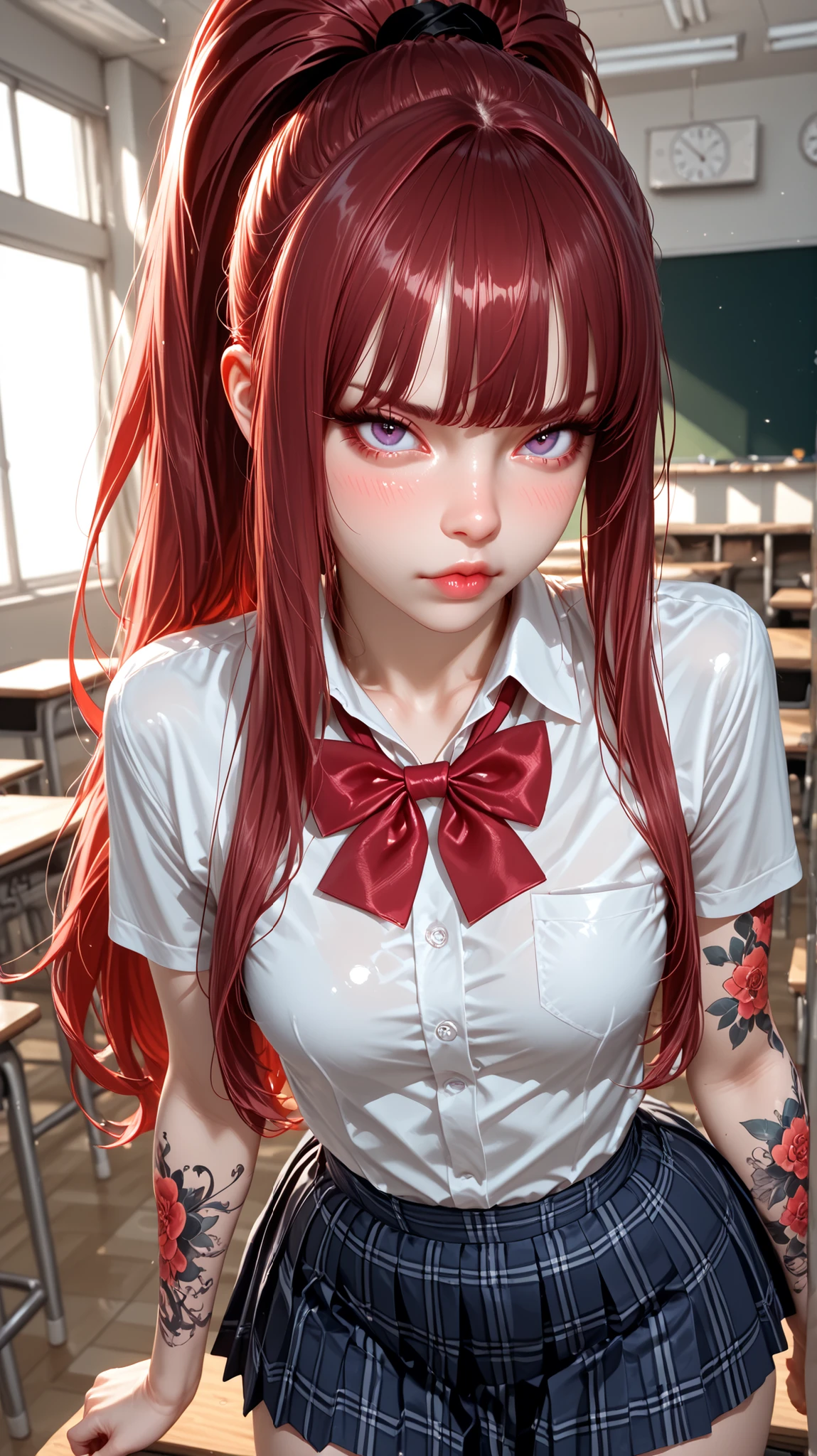 (Perfect anatomy), masterpiece, ultra high quality , 16k, masterpiece, higher quality, Ultra-high resolution, maximum resolution , ultra detailed, professional lighting, anime, so beautiful , Highly detailed 16k eye, highly detailed face,hyperrealistic eyes , Pretty Eyes , better quality, pretty face, attractive face, detailed facial test , Rotulo2, seductive face,(extremely detailed and high quality illustration),(best lighting and shading effects, high detail, medium, nice hips, perfect body, 1 girl, alone, high resolution, masterpiece, best quality, detailed CG, detailed face, detailed skin, small breasts, purple eyes, red hair, long hair, high ponytail, bangs with a tuft, blush, bright, tsundere, yakuza tattoos, arm tattoo, full-body tattoo, chest tattoo, shiny,, school uniform, shirt, red bow, navy blue skirt, stockings, looking viewer, dynamic pose, close up view, classroom,