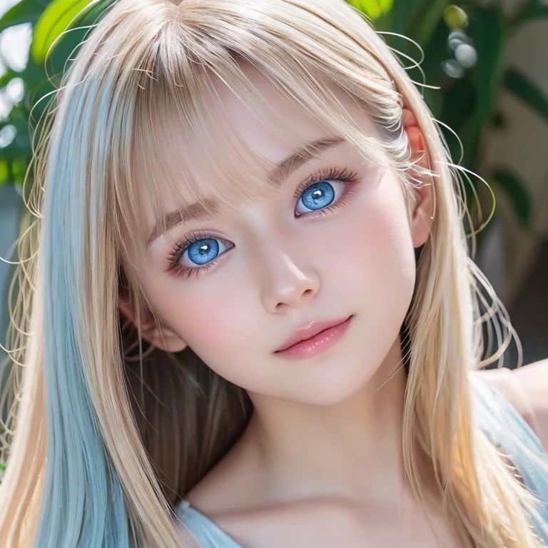 extraordinary sexy beauty、Beautiful calm and bright expression、Her big bright light blue eyes are so beautiful、very big eyes、sexy refreshing look、Perfect beautiful cute face with long bangs、Long shiny blonde straight hair、beautiful facial hair、very cute beautiful sexy young little woman、very perfect beautiful cute face、small face beauty、Hidden behind beautiful and cute eyes