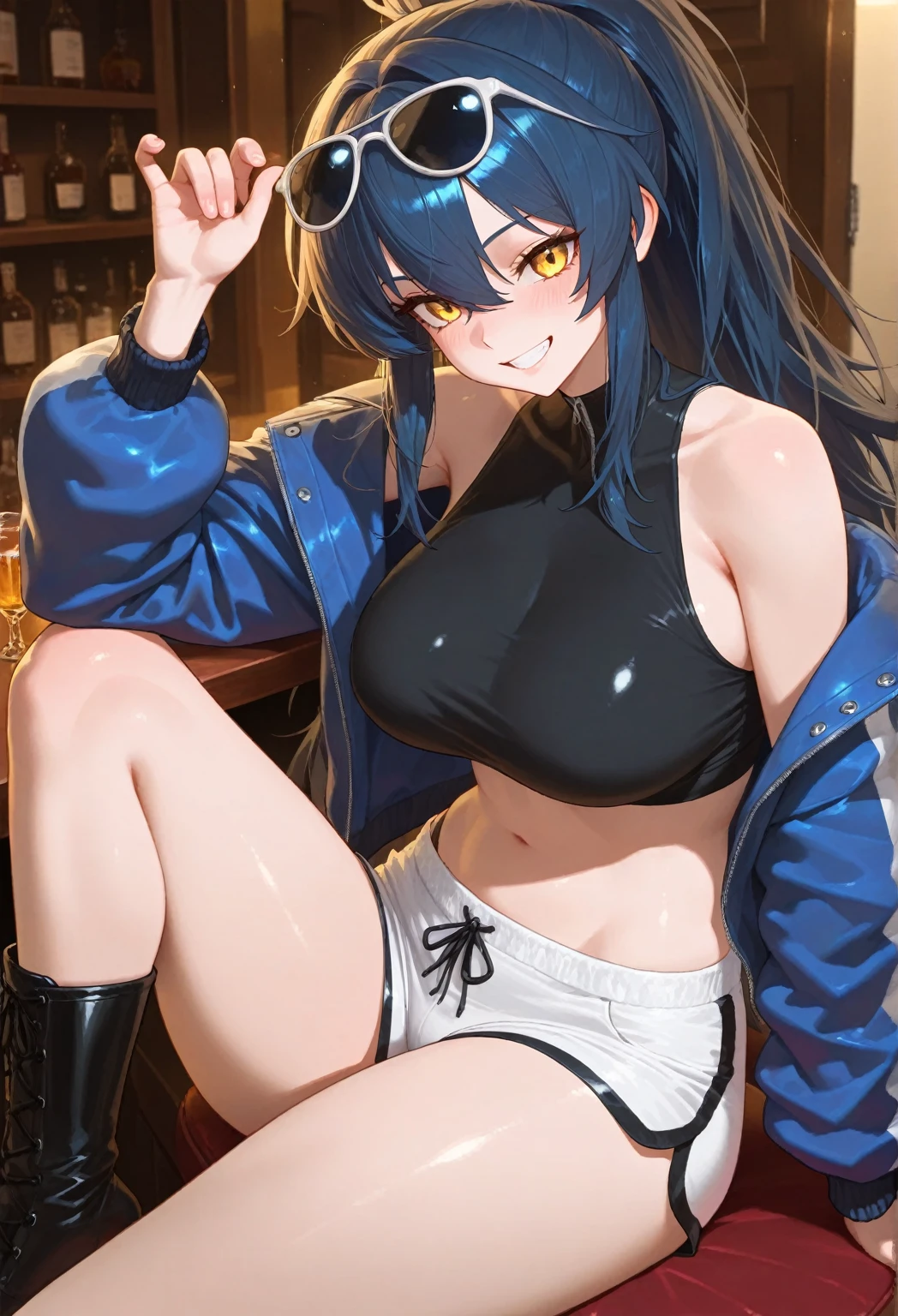 NSFW,masterpiece,Highest quality,High resolution,Super detailed,dawn_\(pokemon\),blue eyes, Blue Hair, Long Hair, Side Lock, Hair Clip,Crop top,Halter neck,Shorts,Thigh straps,Embarrassed,blush,pub,counter