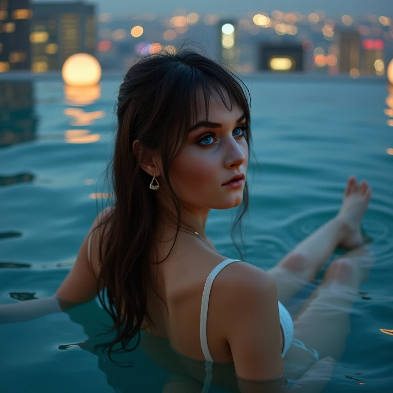 Emma Watson (((naked))), (((sitting near a luxury swimming pool at night))), shy, worried, hiding, ((face blushing)), (((hands between legs))), (((embarrassed pose))), angry