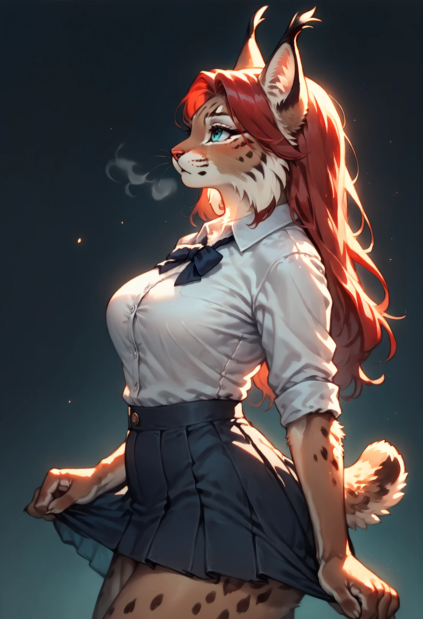 emberlynx, female anthro lynx, anime newest artstyle, long red hair, brown body, subtle abs, side view , up skirt , pull , , dim light bedroom , steamy breath , euphoria , Looking up, detailed background