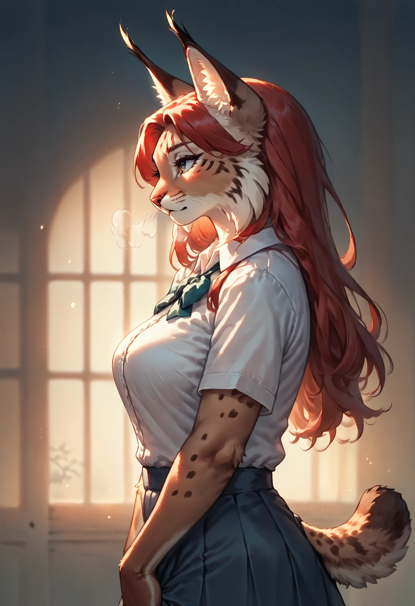 emberlynx, female anthro lynx, anime newest artstyle, long red hair, brown body, subtle abs, side view , up skirt , pull , , dim light bedroom , steamy breath , euphoria , Looking up, detailed background