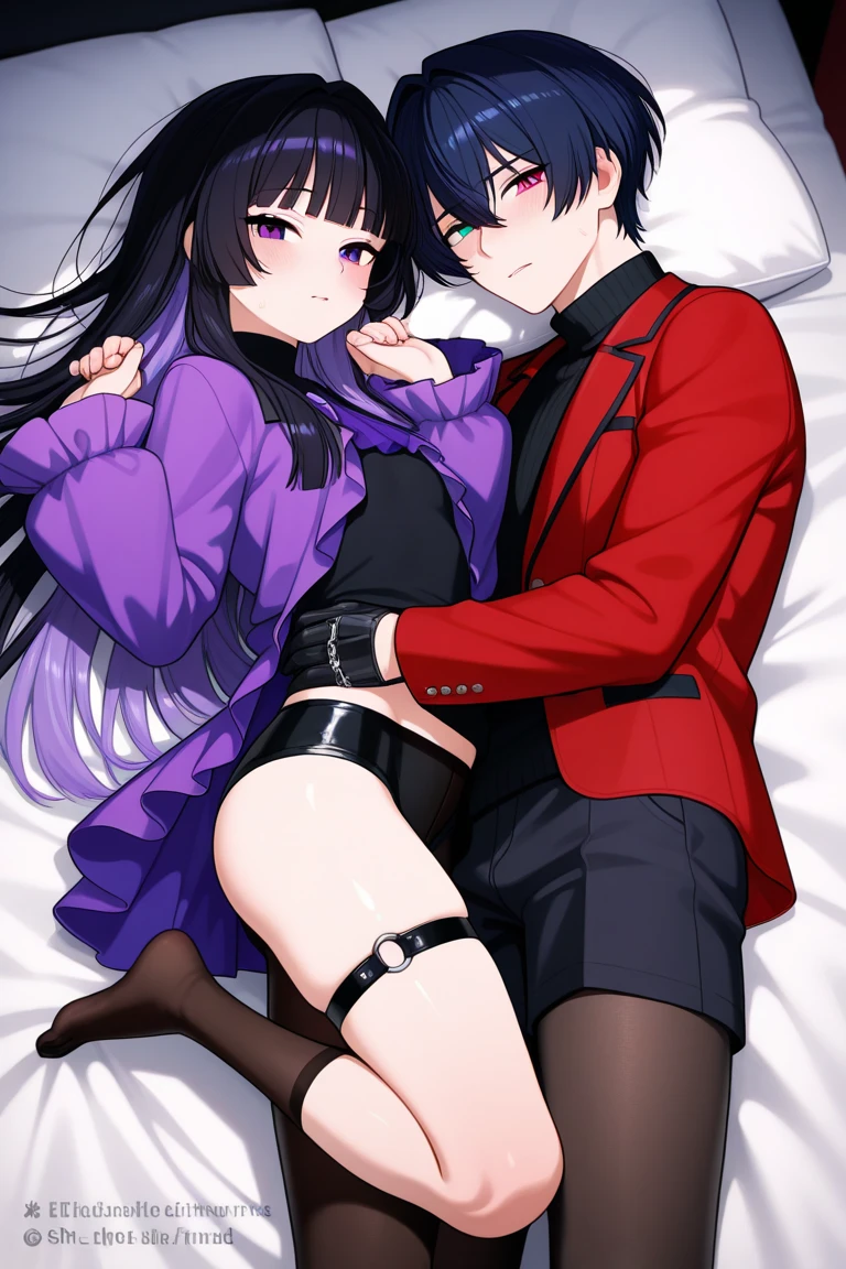 (high quality)、((sex))、(blue haired girl)、medium hair、(Pussy)、(black haired boy)、(penis insertion)、on the bed