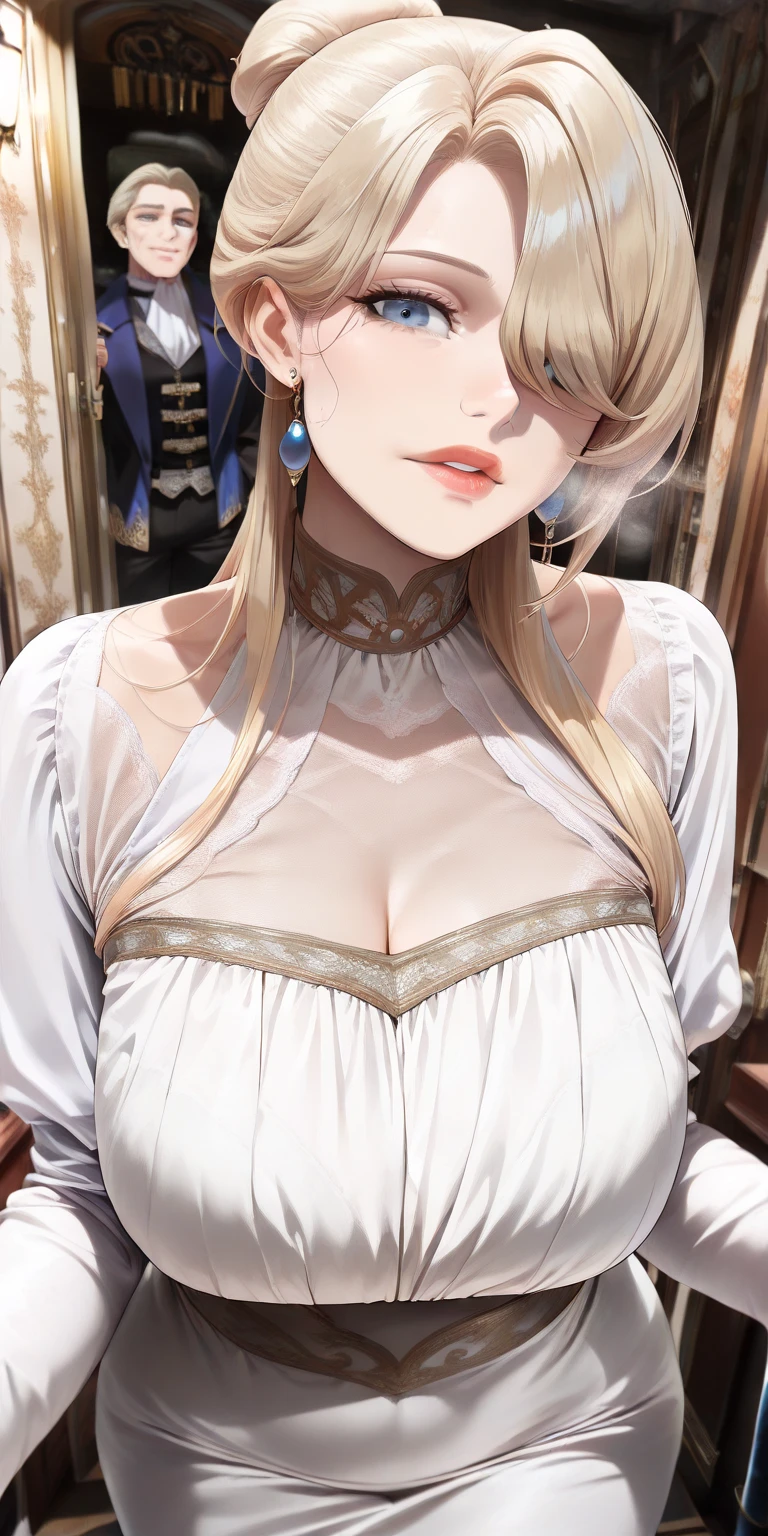 Best image quality, Excellent details, Ultra-high resolution, Best illustrations, Favorite Details, Very condensed one girl, Delicate and beautiful features, Woman with long blonde hair and large breasts in a dress, full body, three views from front, back and side, to many pose
