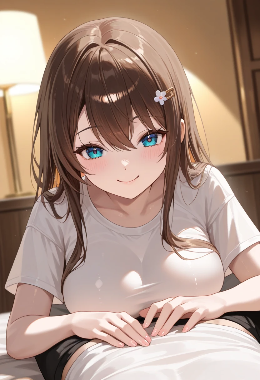 holding hands, 1boy, (cinematic angle:1.5), Tilting head, real person, RAW photo, photorealistic, portrait photography, shiny skin, japanese idol, 25 year old woman with bangs、(medium hair) and (brown hair) and (brown eyes), white V-neck Blouse, cleavage, smiling expression、(shy:1.2), (blush:1.2), The background is a taxi seat、Alone、Upper body is shown