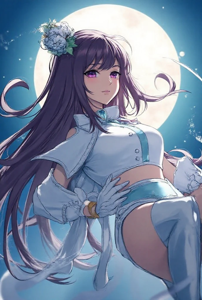 (Highly detailed CG), (Highest quality),(full body),(( Squat,Spread your legs,Strike a Pose)),1 Girl,alone, black choker, earrings, blue flower, magical girl, waist bow, cure moonlight dress, jewelry, flower, wrist cuffs, single elbow glove, boots, eyelashes,Perfect Face, Shiny skin, Shiny skin, Wide Hips,Tight waist,Knee-high boots,Elbow Bag,1 Girl, Long Hair, Big Breasts,Thick thighs,sunset,Octane,