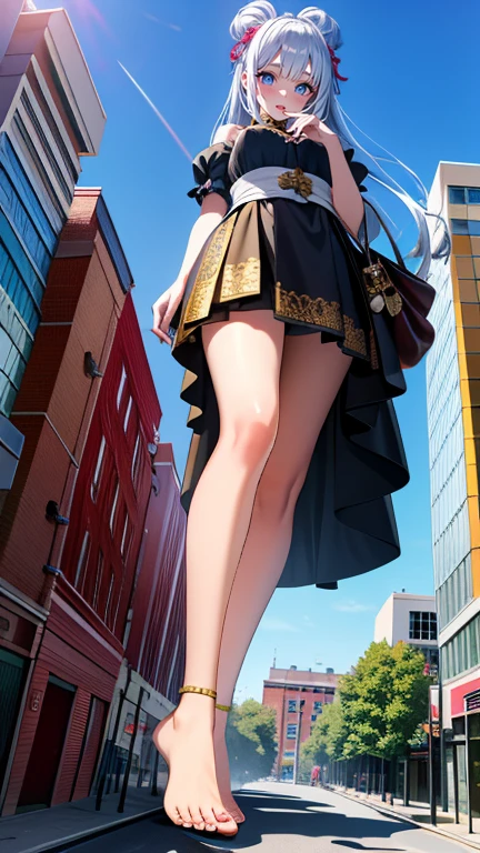 Works of masters，Best image quality，Higher quality，high detal，超高分辨率，1girl，exquisite facial features，s the perfect face，Glowing skin，A towering giantess dressed in a cool and laid-back hippie style，Long black silk boots。Her toned and athletic figure hints at her great strength。She seems to wander carelessly through the bustling cityscape of GTS City，Towering buildings loom overhead。Smoke and clouds raged around her，Add an epic sense of scale and drama。The lights are dark，Gloomy，Photorealsitic，Creates a tense and ominous atmosphere。The viewing angle is from below，The sheer majesty and power of the giantess is emphasized。