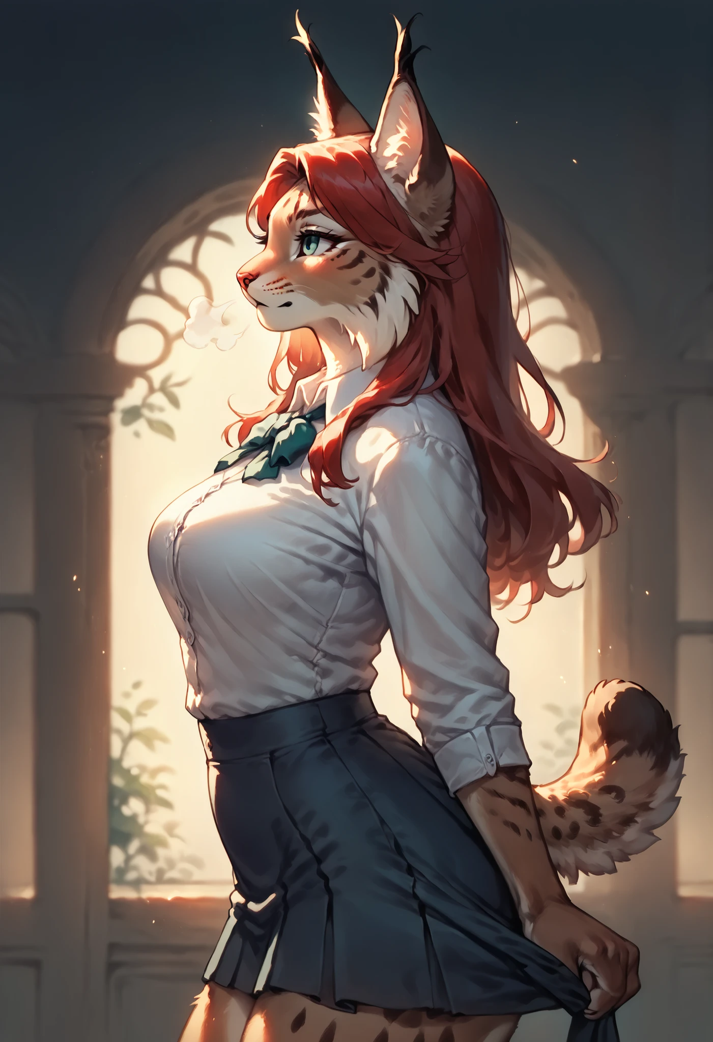 emberlynx, female anthro lynx, anime newest artstyle, long red hair, brown body, subtle abs, side view , up skirt , pull , , dim light bedroom , steamy breath , euphoria , Looking up, detailed background