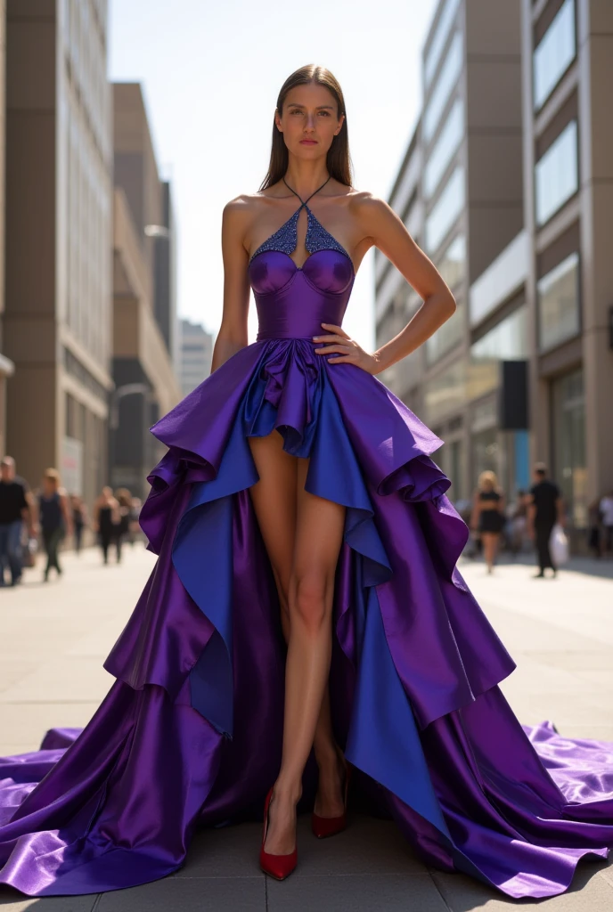 full body photo of (r0liveira:0.99), perfect hair, portrait, (modern photo, Amethyst dress), 24mm, (analog, cinematic, film grain:1.3), (An interactive urban planning museum, showcasing models and simulations of sustainable city designs and transportation systems), ((detailed eyes)), (seductive pose), (epicPhoto)