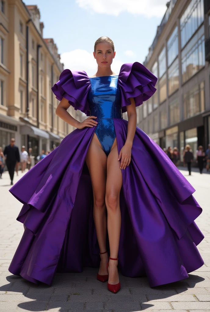 (interesting fashion photo. style of [Cathleen McAllister|Ilya Kuvshinov]:1.1), Over-the-shoulder shot, ((style of Steven Meisel), flamenco dancer caught in a breathtaking mid-twirl, [flamenco:high-fashion:0.75]:1.3) (magenta and blue high-low dress with sharp geometric patterns, merging traditional flamenco elegance with avant-garde geometry). The fabric, a blend of silk and smart textiles, catches the light, creating a mesmerizing flow of colors that shift with movement. The dress is designed with an asymmetrical hem, shorter in the front to reveal ornate, heeled dance shoes, and elongated in the back for a dramatic silhouette. The dancer's posture is powerful, her arms raised and hands positioned gracefully, evoking a sense of motion even in stillness. Her makeup is bold, with a focus on sharp, winged eyeliner and a deep magenta lip to match her dress, complementing her confident expression. Accessories are minimal, with a focus on a single, statement geometric-shaped earring that dangles, catching the light with every movement. The backdrop is an open-air courtyard under a twilight sky, string lights crisscrossing above, casting a soft, warm glow on the cobbled stones and the faces of the enchanted audience. The atmosphere is electric, a blend of anticipation and joy as the crowd, dressed in an array of colorful, semi-formal attire, watches with admiration.