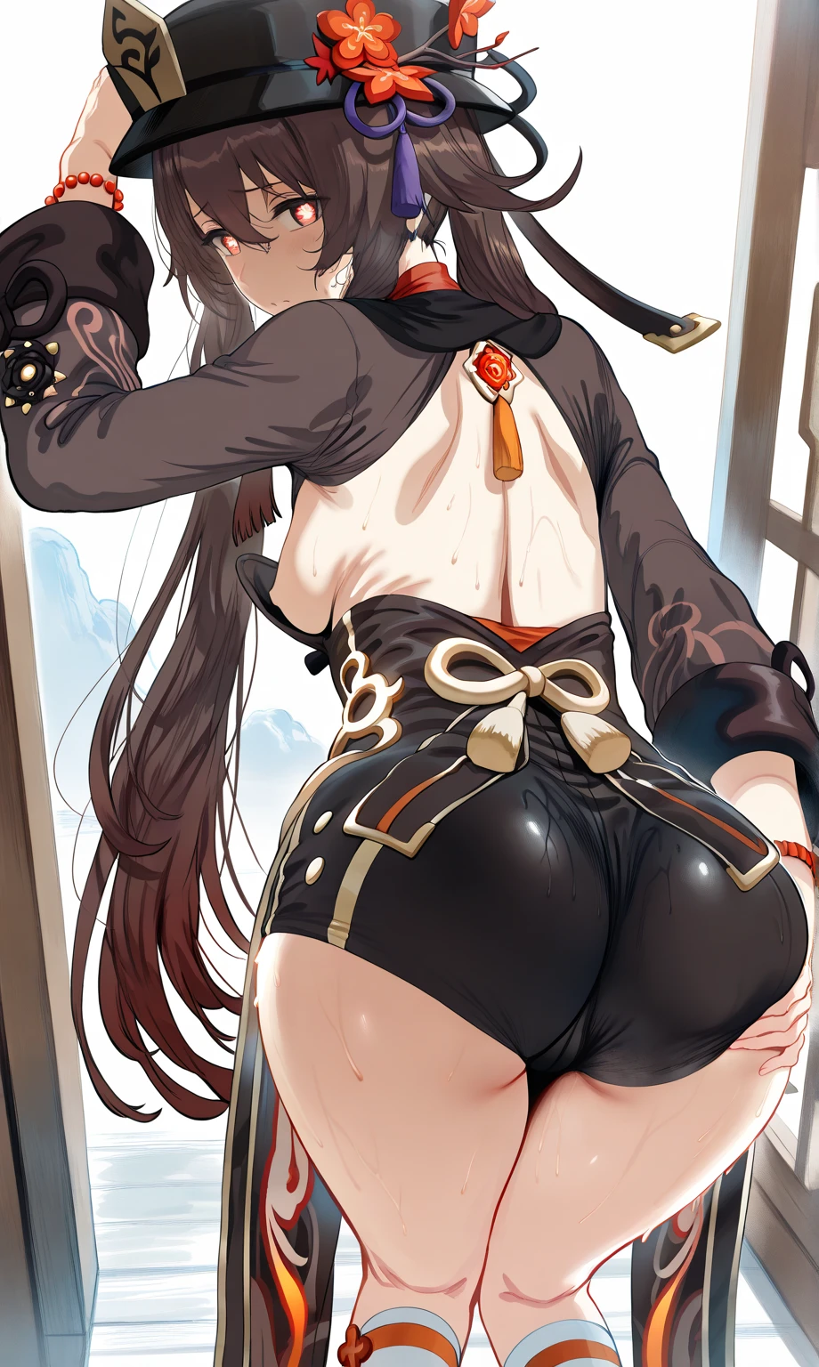 masterpiece, best quality, beautiful art, high resolution, well formed hands, body and fingers, 1 woman, solo, Navia, adult, grown up, big breasted, cleavage, full body, wearing a Iroha Samurai Shodown outfit, hair ornament, gorgeous legs and thighs, black stockings, maid, sexy Japanese clothes, pelvic curtain, leotard peeking, dancing seductively and erotically, turning backwards and forwards , showing her back and front, showing her butt, smiling joyfully, looking at the viewer, flirting, beach environment , biting her lips