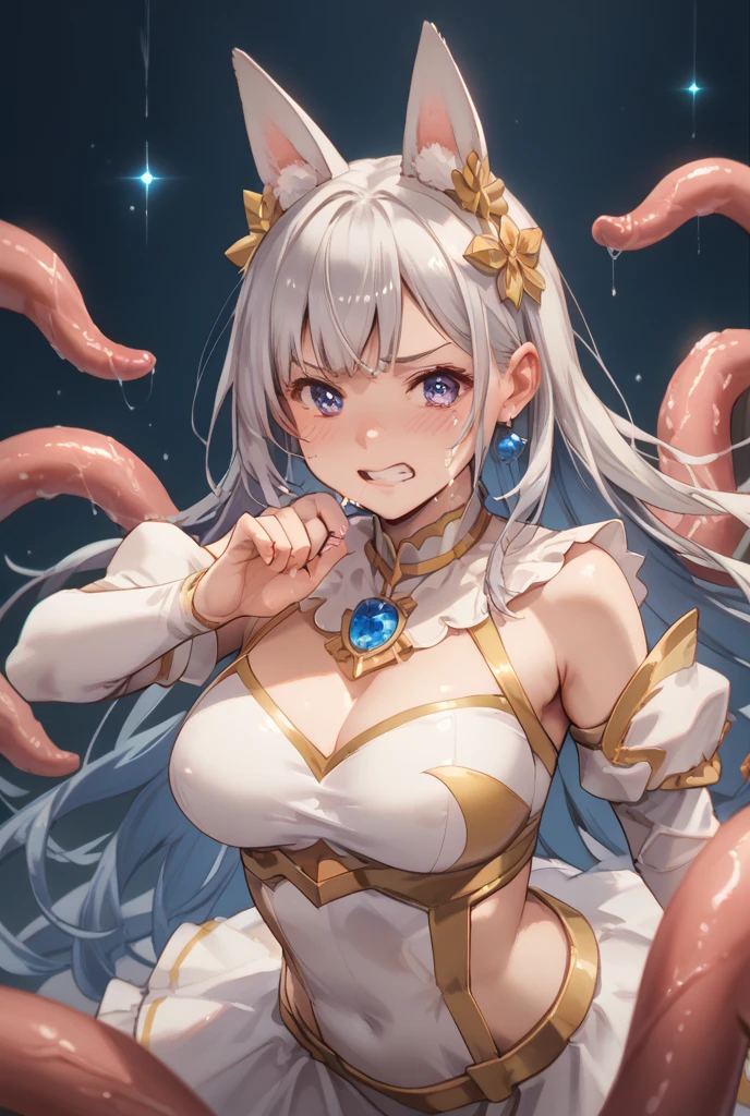 16 year old girl, bearish short girl, Super detailed, very delicate and beautiful, game CG, flat chest, long hair, white hair, young girl, one girl, masterpiece Super detailed, very delicate and beautiful, flat chest, long hair, gray hair, two side up hair, one girl, anatomically correctct, masterpiece@, light blue arabian dancer costume, dancer adventurer, light blue arabic panel skirt, light blue Arabian style bustier,NSFW, {{{after losing the battle}}}, {{{tired after the battle}}}, grabbed by tentacles, cum in pussy, squirting, sweaty skin, attacked by tentacles, (gangbang:1.2), {{{rape}}}, (sex:1.2), daze, clothed sex, orgasm trembling, nsfw, {{{{Dripping}}}}, {{trembling movement line with sexual climax}}, orgasm face, cry out, close your eyes, Cowgirl SEX, small nipples, excited look, Veil skirt for belly dancing, Tentacles wrapping around human body, girl wrapped in tentacles, Tentacles binding person, insert tentacle into mouth, turn one's body sideways, illustration, masterpiece, anatomically correct