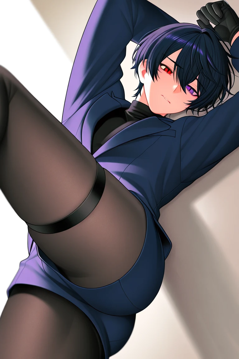 score_9_up, score_8_up, score_7_up, 1girl, solo, mature female, Himeo, black short hair, black eyes, right eye closed with eyepatch, pink lips, parted lips, fit slim body, perfect medium erected breast, (((black blazer, white unbuttoned shirt, dark bue bra, dark blue tight thong, cameltoe))), (((higly detailed modern luxury bedroom))), looking at the viewer, rose cheeks, naughty smile, sitting on the bed with spread legs, from the bottom