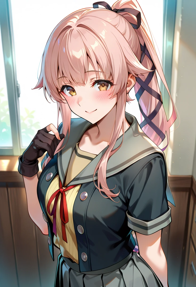 masterpiece, best quality, 1 girl, long hair, bored, sitting, feet up, sole, eyebrows visible through hair, gradient hair, grin, gyaru, jewelry, kogal, long hair, looking at the audience, loose tie, tie, piercing, plaid (bikini), red eyes, ring, smile, solo, sailor suit, waves, nsfw, street, pink hair, gradient hair, golden beach, sky, cleavage, student uniform, hair accessories