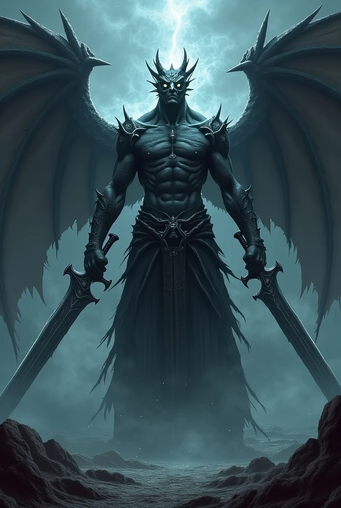 (extremely detailed 8k wallpaper),a full body shot photo of a fearful undead grey gargoyle necromancer holds in left hand a mace with a skulltop and in the right hand he holds a shield,2 Wings, intricate, high detail, dramatic