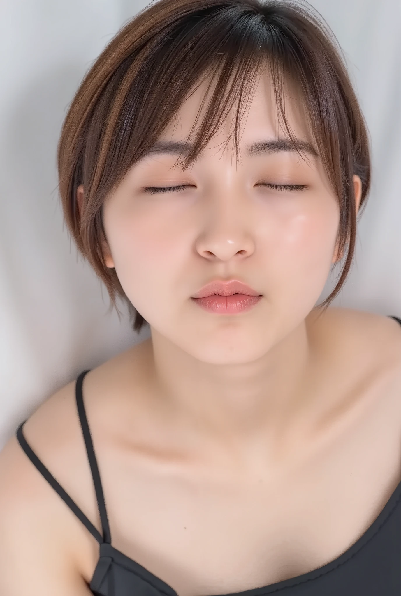 ultra-detailed close-up of a beautiful modern girl, collarbone-up composition, white studio background, soft natural lighting, soft focus on background,
camera angle slightly elevated (about 60 degrees), subject's chin gently raised, head and face facing forward, body posture suggesting slight tiptoeing,
eyes gently closed, dreamy and euphoric expression, cheeks and ears flushed with bashful blush, lips tightly puckered and strongly protruding,
mouth forming a rounded "O" shape like whistling or blowing a kiss, kissy lips, extremely glossy and moist lips with shimmering highlights,
natural-looking shiny lip gloss as the only makeup, skin is matte with visible peach fuzz and realistic pores,
subtle contour blur to guide viewer’s gaze toward lips, cute and soft dere-dere mood,
deeply affectionate smile while puckering, hands behind the back and not visible, black camisole straps slightly visible,
overall overflowing with affection, adorably seductive and shy charm, longing and dazed joy, subtly coquettish expression,
no vintage look, fully modern skin tone, hair texture and color corrected to current aesthetic standards