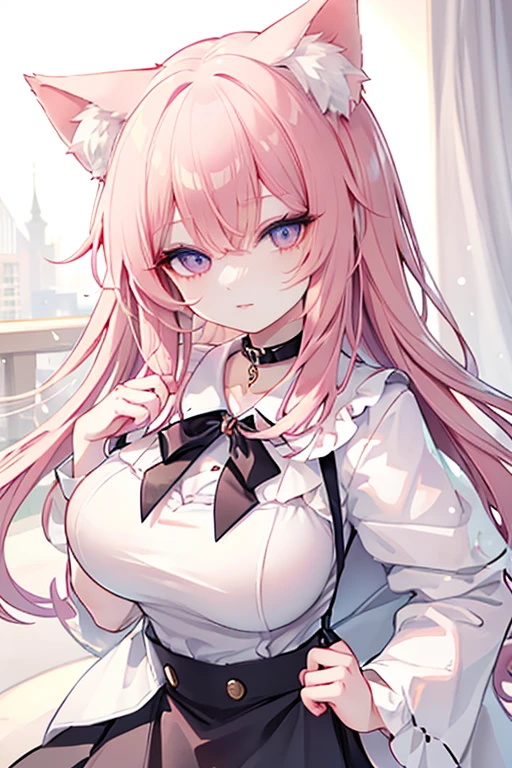 a beautiful detailed portrait of a long-haired anime-style nurse with large breasts, piercing gaze, ominous aura, beautiful brown eyes, sharp facial features, strong presence, rabbit ears, pink eye-short cut, dramatic chiaroscuro lighting, intricate details, (best quality,4k,8k,highres,masterpiece:1.2),ultra-detailed,(realistic,photorealistic,photo-realistic:1.37),HDR,UHD,studio lighting,ultra-fine painting,sharp focus,physically-based rendering,extreme detail description,professional,vivid colors,bokeh