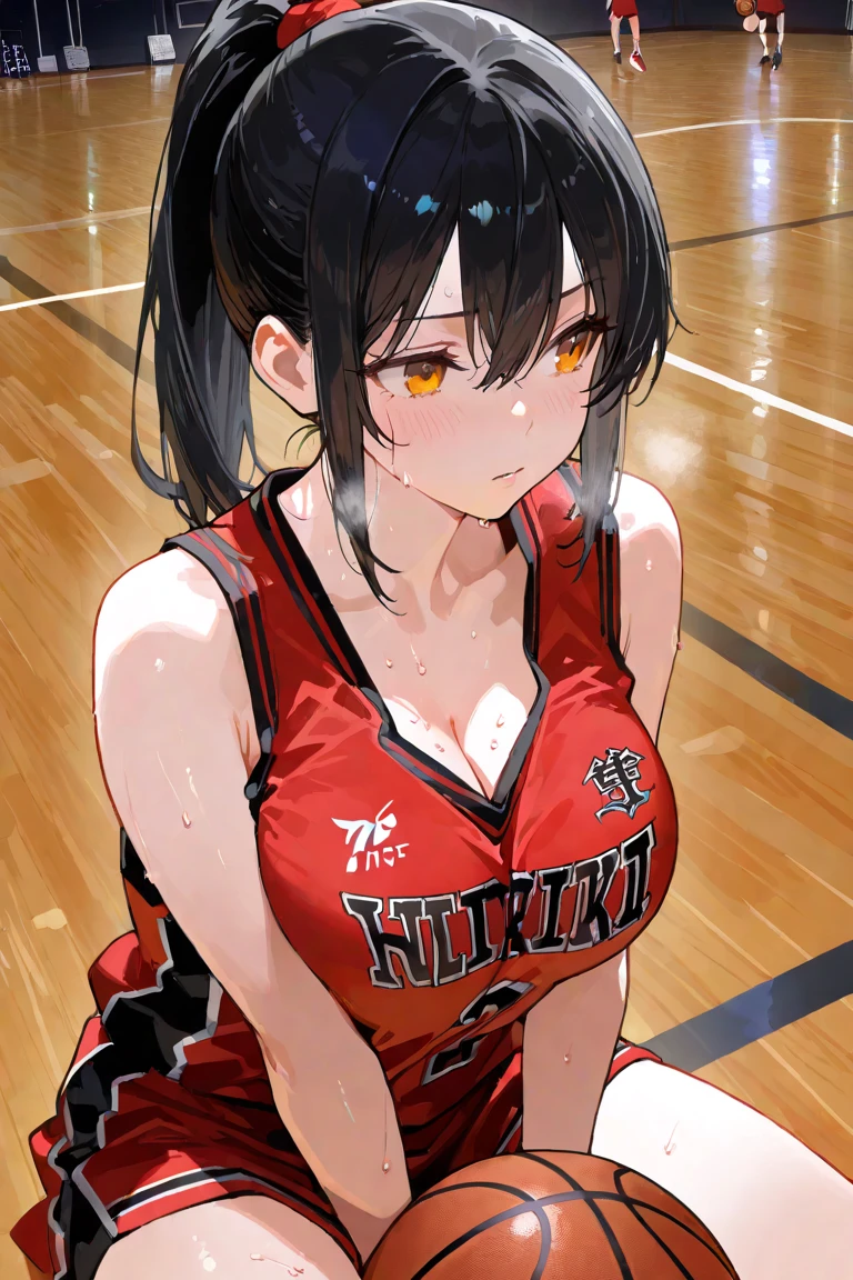 Realistic,、One wall, Wide Angle,1girl in、Black ponytail, Shy, embarrassed, blushed, Wide Angle, POV, From above, llight rays, Glow, (masutepiece), 18year old、face to the viewer、Bring your chest together、Focus on the chest、Volleyball uniforms、Wearing sweat