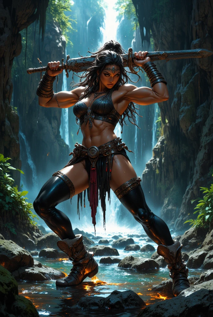 An action scene with a barbarian woman, her brown skin shimmering under the light, a muscular definition along her shoulders. She's engulfed in wilderness as she engages in a rough and tumble activity. Her blue eyes contrast dramatically with her primitive, loose pants. The digital image, created by the highly skilled Kazenoko, is featured and commended on pixiv, the renowned digital art platform. Despite the canvassed chaos, focus