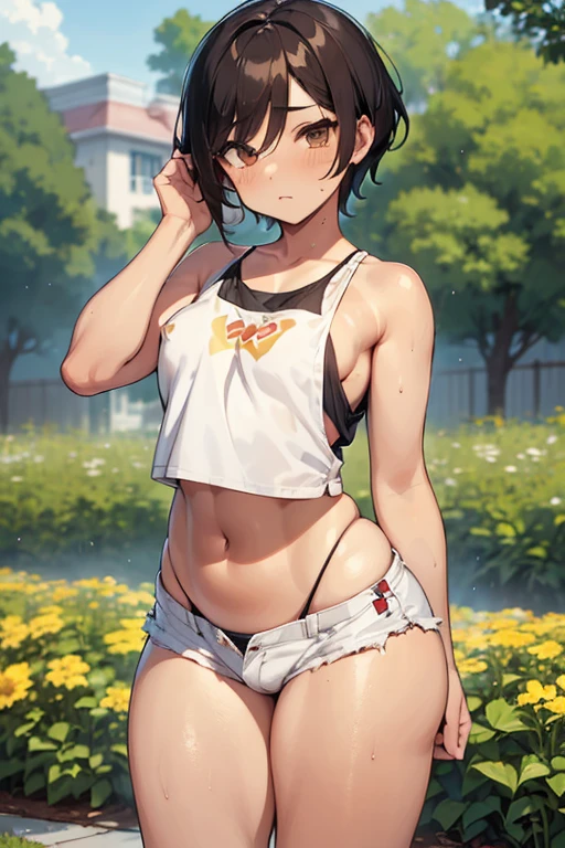 NSFW,((highest quality)), (masterpiece: 1.2), very detailed,(perfect and beautiful posture:1.2),(Solo,mature man),(short cut hair),(flat chest:1.4), ((confused and embarrassed and blush:1.3)), shyness and crying:1.1, (Sweaty, sunburned skin:1.4), (tight Sports White bra, tight blue sporty panties:1.3),(erect nipples:0.3),navel out, (standing upright:1.3),pink heart shaped earrings and necklace,lips, steaming body, show teeth,midriff,outside, black long socks,skneakers,thick red lips,drooling,excessive cum,skinny,outdoor,navel out,((tight thighs,inner legs:1.1)),heavy breathing,looking at viewer,mouth open a little,(chubby),slit,(in the crowded park),