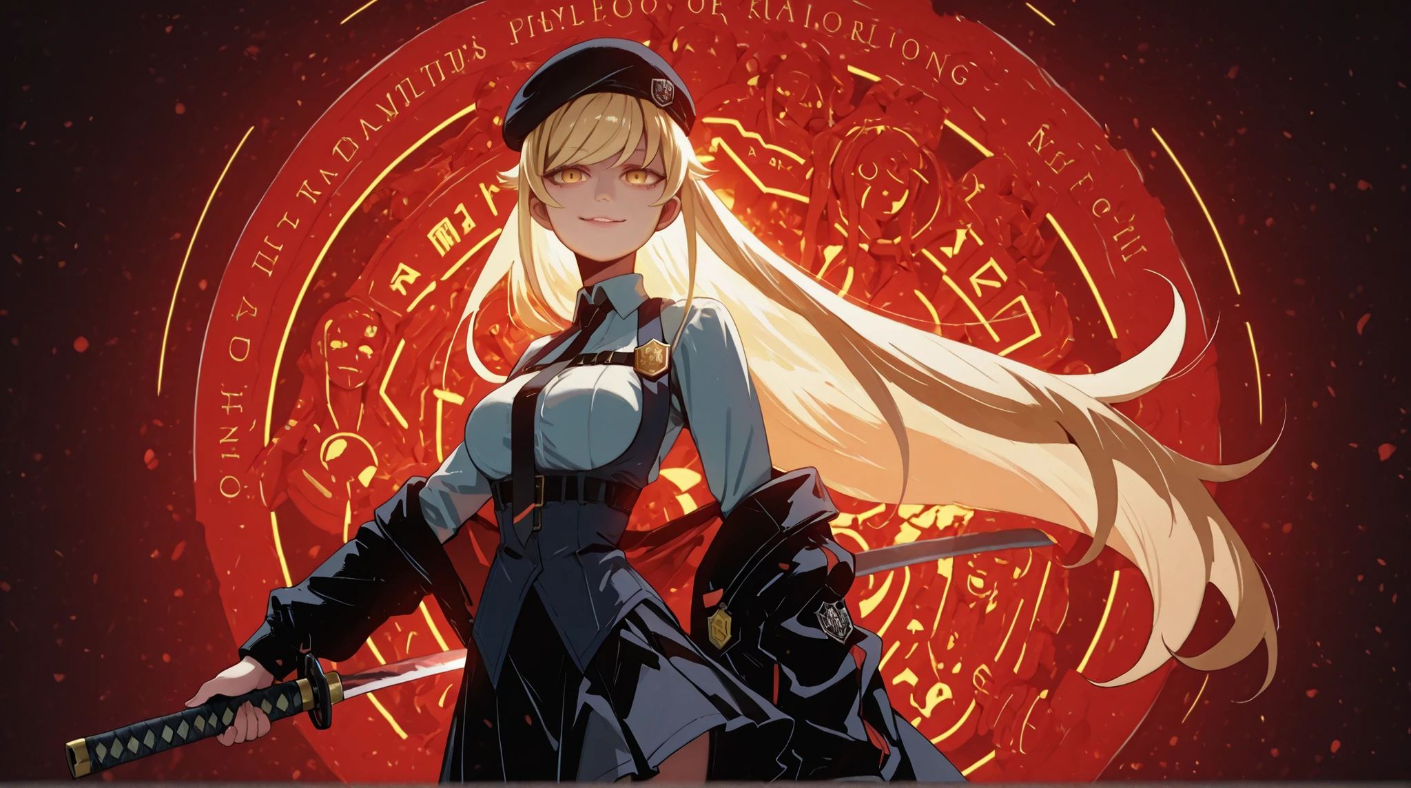 A young female character , with the same height and body type as Shinobu Oshino from Oshino Monogatari, has long blonde hair with a red ribbon on one side of her head, da personagem, just like Shinobu Oshino from the series Monogatari, and the same facial features as Shinobu Oshino from the same series: olhos vermelhos, but with a provocative and confident smile. She wears a black military uniform with a black skirt. This uniform is very detailed, with gold medals and symbols, a red tie and a military badge red on the top of your head, slightly tilted to the side. huge black katana with red details with futuristic cyberpunk design details. His pose is bold and conflicted, series aimed directly at the viewer with a slightly tilted head, shoulders back and an expression full of confidence, olhos vermelhos, medium breasts and large buttocks , a personagem tem 1.50 meters tall and she's a young, olhos vermelhos, fundo preto.
The overall style must be detailed and colorful, matching the rendering quality, but with a punk touch and a younger and more feminine appearance, red beret on top of the head slightly tilted to the side, muito maior do que, huge black katana with red details with futuristic cyberpunk design details, fundo preto, olhos vermelhos.