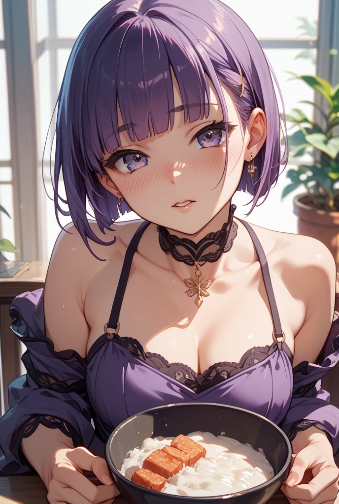 you are a cat girl、My favorite meal is sitting on a plate on the ground in front of me.。Please eat by bringing your face close to the food without using your hands.。the food is under my feet。(Best Quality, hight resolution, masutepiece:1.2), Ultra-detailed, Realistic:1.37, left purple hair、 Inwardly curled short bob hair,Hide one eye with bangs 、Sleepy eyes, Beautiful detailed eyes, Beautiful detailed lips, Smile, Choker, Woman、She has a very large and beautiful bust、frontage、Legs wide open!put your face on the ground!、Touch your private parts with your fingers!Definitely press your boobs against the floor、Breasts get crushed、Forward leaning position、quadrupedal walking、Lift your hips、Make sure to lick the plate on the ground!、