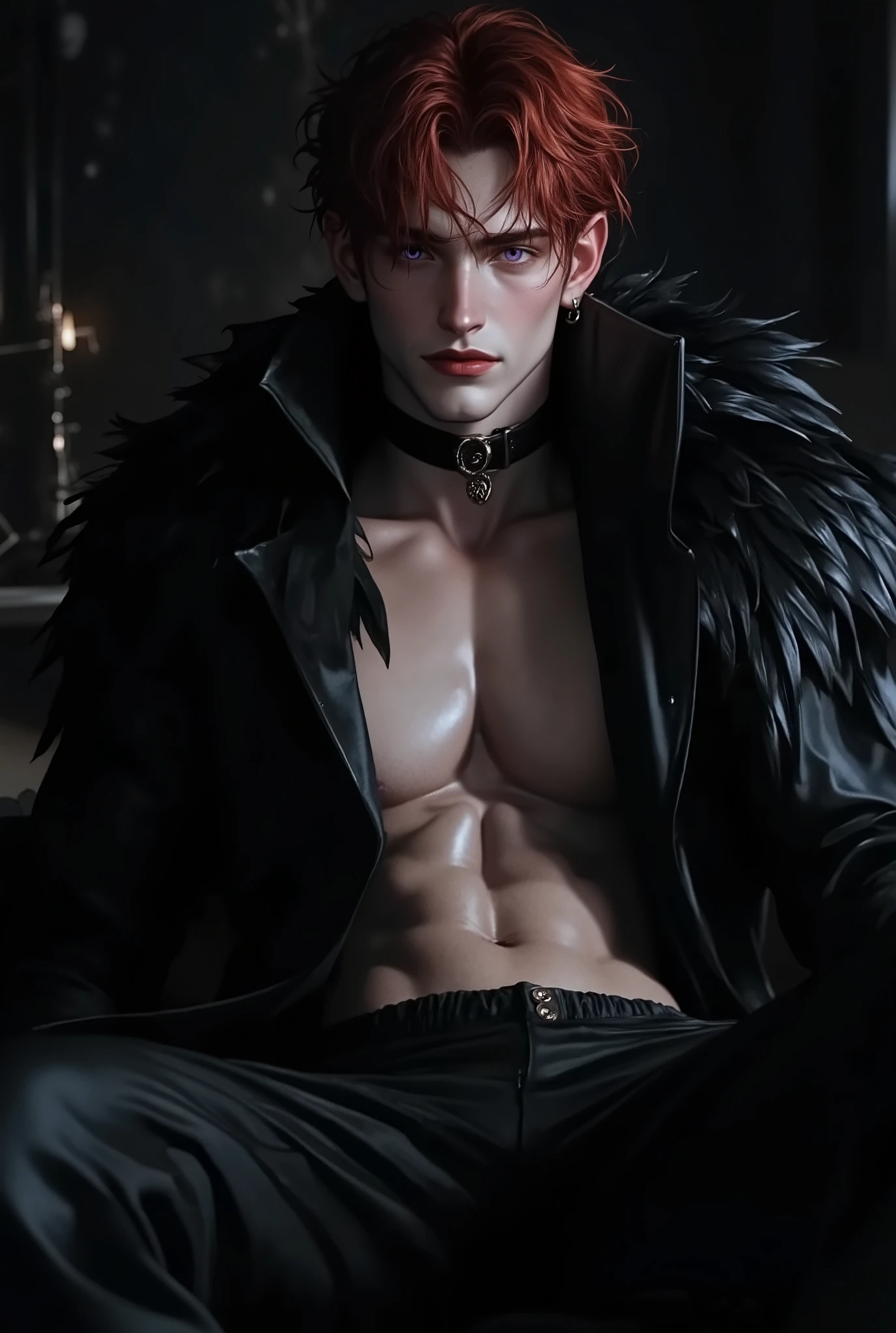 Single shot, masterpiece, sharp image resolution, perfect picture. A charming, handsome man with messy crimson-red hair, the color of a black swan's beak, and mysterious glowing purple eyes. He is sitting on a black bed in a dimly lit bedroom. The atmosphere is dark, seductive, and elegant. He wears only black long-legged sweatpants and a luxurious cloak made entirely of black swan feathers. The cloak rests lightly over his shoulders, leaving his sculpted chest and abdomen fully exposed — showcasing clear abdominal muscles, defined chest, powerful arms, and sharp shoulders. The swan-feather cloak glistens subtly in the low light, adding a sense of royal, almost magical elegance. His expression is calm yet unreadable, exuding mystery and quiet sensuality — the perfect image of a fallen prince or a seductive swan deity in human form. The mood is cinematic, artistic, and emotionally captivating.

