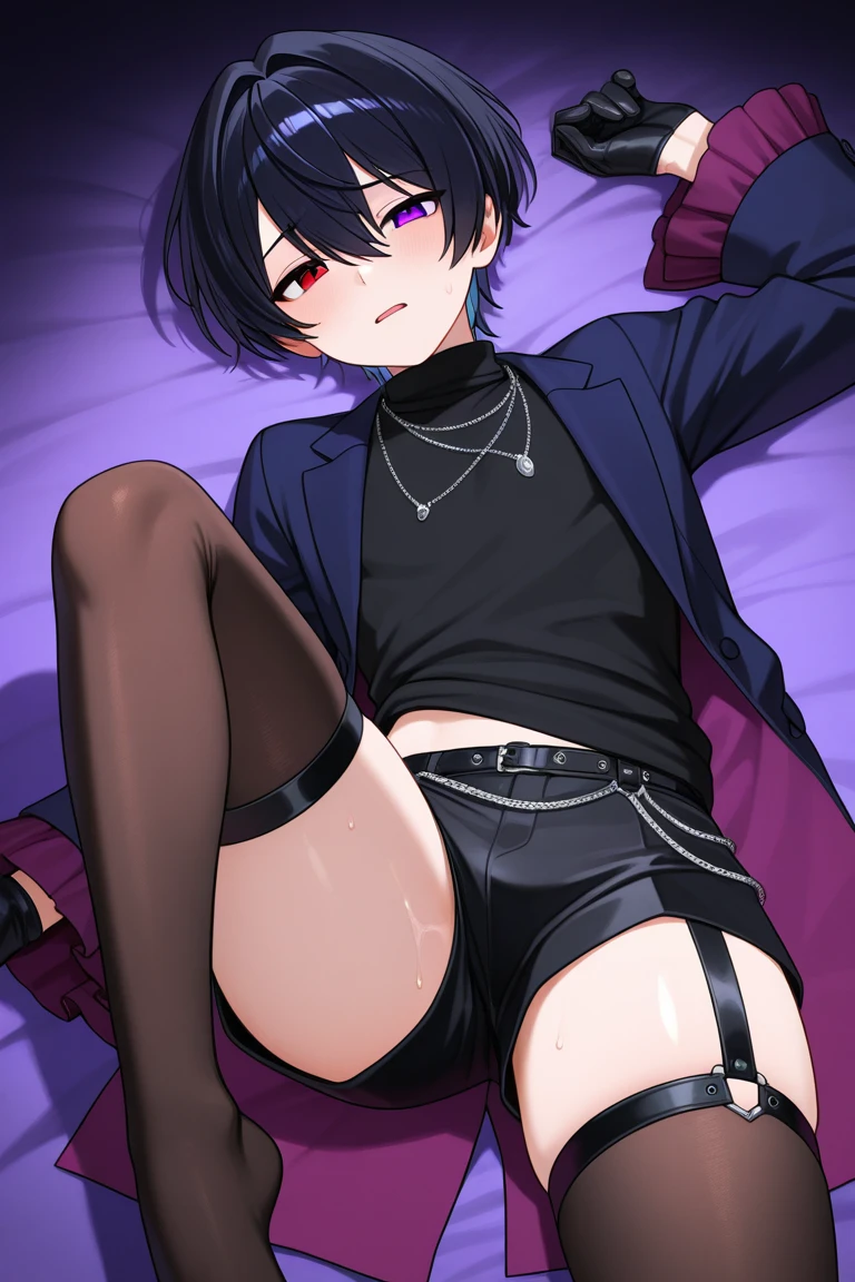1boy, wide and very vivid black eyes, HD, masterpiece, vibrant, full body view, trendy hair, collar, naked, shiny, midnight, cool man, sweaty, nasty, white skin, embarrassing face, slender, bondage clothes