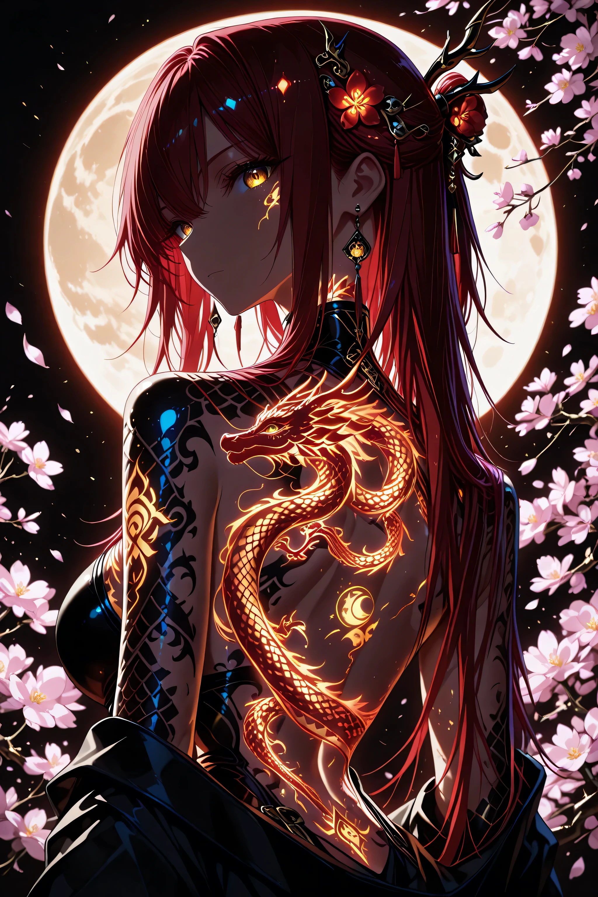 1 woman , golden eyes , very long hair , long sidelocks, red hair ,half updo, petite , very cute , beautiful ,Straight hair, cool, handsome, hair ween eyes, mediumlarge breast, cool, beautiful, dragon tattoo on back, surrounded by many cherry blossom petals. solo, hair ornament, looking back,  flowers, looking at the viewer, flowers in hair, jewelry, from behind, tattoo, back tattoo, earrings, back, moon,   glowing tattoos,bioluminescence, neon glowing hair, chinese dragon scales, bioluminescent skin, dragon tattoo, large dragon backdrop, full moon, intricate, flare marks, glowing marks, flare tattoos, glowing tattoos, glowing, marks, tattoos, from back, back view, pale orange and light red atmosphere, dark cute, intricate and intense elegant, flare marks, glowing marks, flare tattoos, glowing tattoos, glowing, marks, tattoos