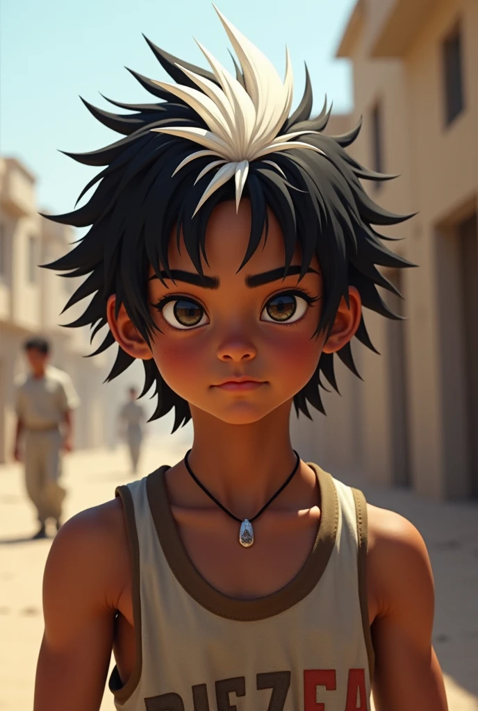 "An boy with chocolate-colored skin and lustrous, shoulder-length, green hair. A single strand of his hair falls perfectly in front of his face, giving him a charming and innocent look."