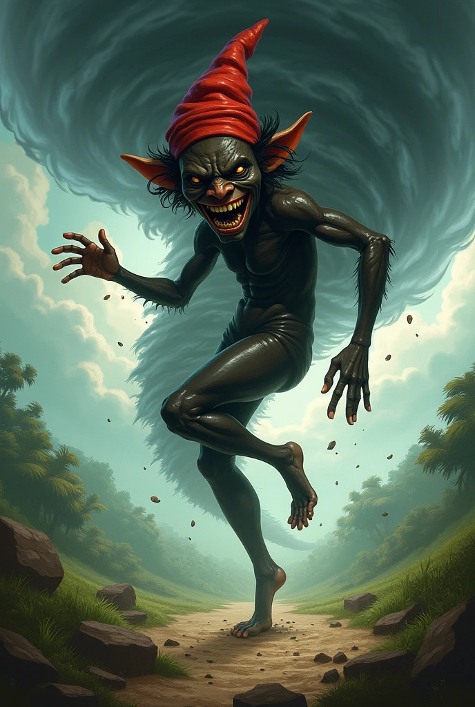 There is a man with a red hat and a red scarf, um elfo macho, Caronte, o barqueiro de Hades, frank dillane as a satyr, satyr, Fit male demon with white horns, Elfpunk, Mito grego pintura digital, Fae's moonlight dance, inspirado em Samuel Hieronymus Grimm