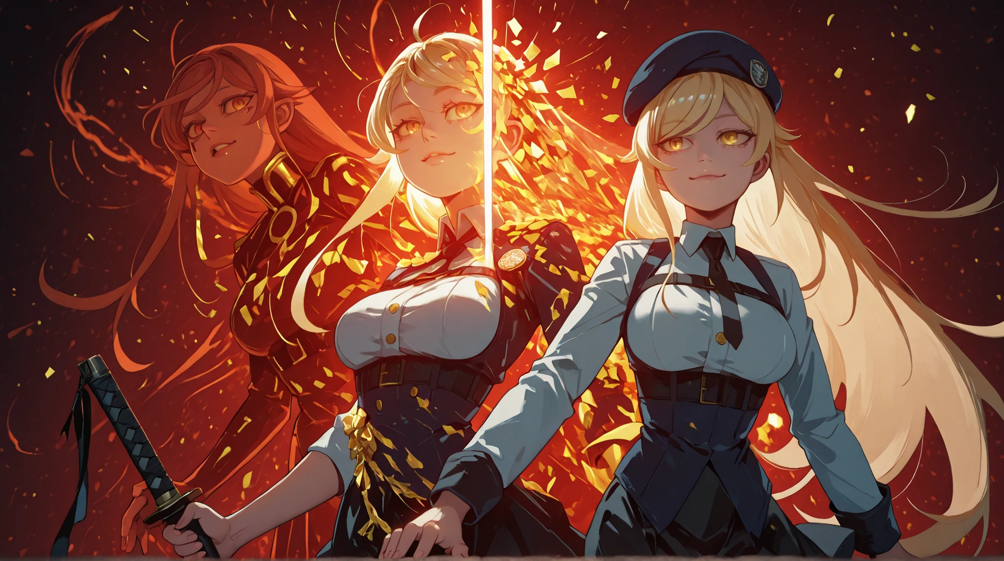 A young female character , with the same height and body type as Shinobu Oshino from Oshino Monogatari, has long blonde hair with a red ribbon on one side of her head, da personagem, just like Shinobu Oshino from the series Monogatari, and the same facial features as Shinobu Oshino from the same series: olhos vermelhos, but with a provocative and confident smile. She wears a black military uniform with a black skirt. This uniform is very detailed, with gold medals and symbols, a red tie and a military badge red on the top of your head, slightly tilted to the side. huge black katana with red details with futuristic cyberpunk design details. His pose is bold and conflicted, series aimed directly at the viewer with a slightly tilted head, shoulders back and an expression full of confidence, olhos vermelhos, medium breasts and large buttocks , a personagem tem 1.50 meters tall and she's a young, olhos vermelhos, fundo preto.
The overall style must be detailed and colorful, matching the rendering quality, but with a punk touch and a younger and more feminine appearance, red beret on top of the head slightly tilted to the side, muito maior do que, huge black katana with red details with futuristic cyberpunk design details, fundo preto, olhos vermelhos.