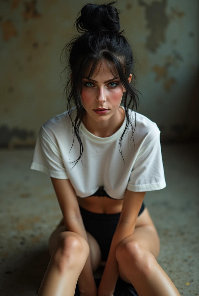 HQ, highly detailed ,Beautiful dreamy, hyper realistic, intricate detail. shallow depth of field, highly detailed, high budget photo shoot, dark shadows, deep shadows, atmosphere dazzling natural light, cinemascope, moody, epic, gorgeous, film, highest quality, Realistic, finely, High resolution, 4k wallpaper, RAW Photos, Professional photography, One Woman, 26 years old, outside, (pink hand-made bracelets:1.2), ((Looking into the camera)), she's mysterious,15 years old, in bed room,  glamours, listening for a signal, watching the people move sky eyes, arched eyebrows, cute nose, (5' height short girl body), short dark hair,a 4k scene of a woman in beige leggings, tight light beige neutral shirt she's standing in front of concrete ((poured concrete painted)) wall, the wall is painted dark blue, she's standing on white foam, messy, splashy, loira, under wear, blond hear