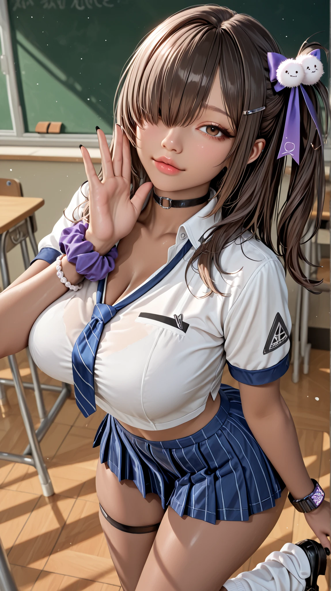 (Perfect anatomy), masterpiece, ultra high quality , 16k, masterpiece, higher quality, Ultra-high resolution, maximum resolution , ultra detailed, professional lighting, anime, so beautiful , Highly detailed 16k eye, highly detailed face,hyperrealistic eyes , Pretty Eyes , better quality, pretty face, attractive face, detailed facial test , Rotulo2, seductive face,(extremely detailed and high quality illustration),(best lighting and shading effects, high detail, medium, nice hips, perfect body, naga_nikke, dark skin, brown eyes, hair over one eye, brown hair, long hair, side ponytail, hairclip, hair ornament, purple ribbon, ear piercing choker, collared shirt, short sleeves, blue necktie, crop top, highleg panties, blue skirt, pleated skirt, white socks, loose socks, black shoes, single thigh strap, black nail, single wrist scrunchie, bracelet, looking viewer, dynamic pose, close up view, classroom,