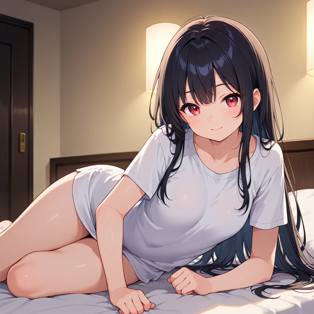 A young woman with dark hair who has dropped out of elementary school, has been a recluse for many years, is unemployed, and is bedridden with depression, and lies in bed all day