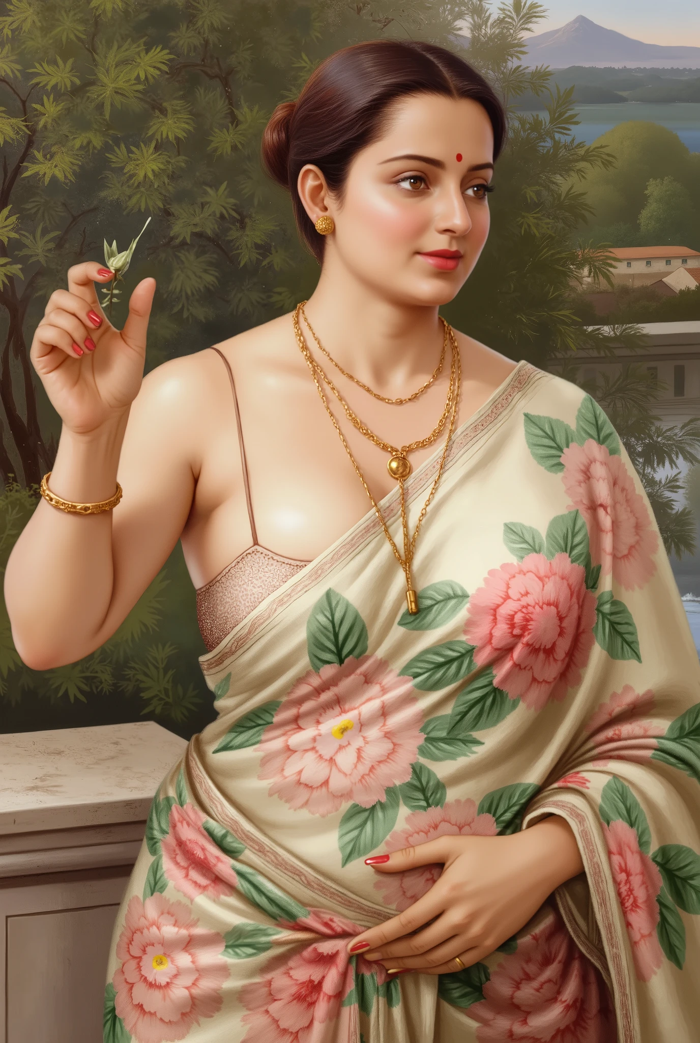 Looks like Anushka Shetty, (solo), middle aged woman, Masterpiece, Best quality, high clarity eyes, Full face, beautifully styled hair, curvy, sexy navel folds, feminine curve, motherly figure, critically flawless,sharp picture, Full portrait, High pixels, perfect face, perfect eyes, beautiful face, perfect hands,perfect fingers, in Peter Paul Rubens style, curvy, by Peter Paul Rubens, baroque style, acrylic on canvas, highly detailed, intricate art, description: "Create a nymph inspired by the tales of Greek or Roman mythology, embodying the essence of a natural element or location, and possessing a unique ability or trait that sets her apart.", beautiful nature in the background, Brilliant colors,