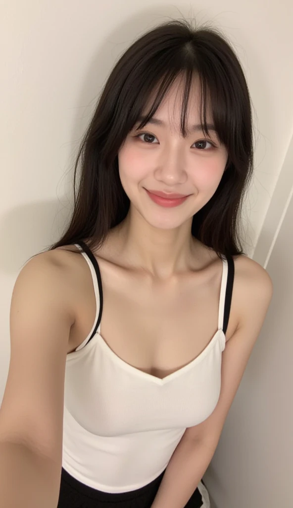 1girl,(masterpiece:1.2), (best quality:1.2), (extremely detailed), selfie from center front, (extremely detailed face), ultra-detailed eyes and pupils, (ultra detailed), 8k, photorealistic, pretty face, smile, instagram shot, instagram style, in the bedroom, looking at viewer, facing front, perfect skin, cinematic lighting, fair skin, black hair, black eyes, upper body, portrait photo, slim, slender, no makeup, nikon RAW photo, 8k ,Fujifilm XT3, photorealistic, armpits, detailed face, fair skin, perfect shape, slim face, indoors, dim lighting, (looking at viewer:1.2),<lora:aoaminalorashy:1>