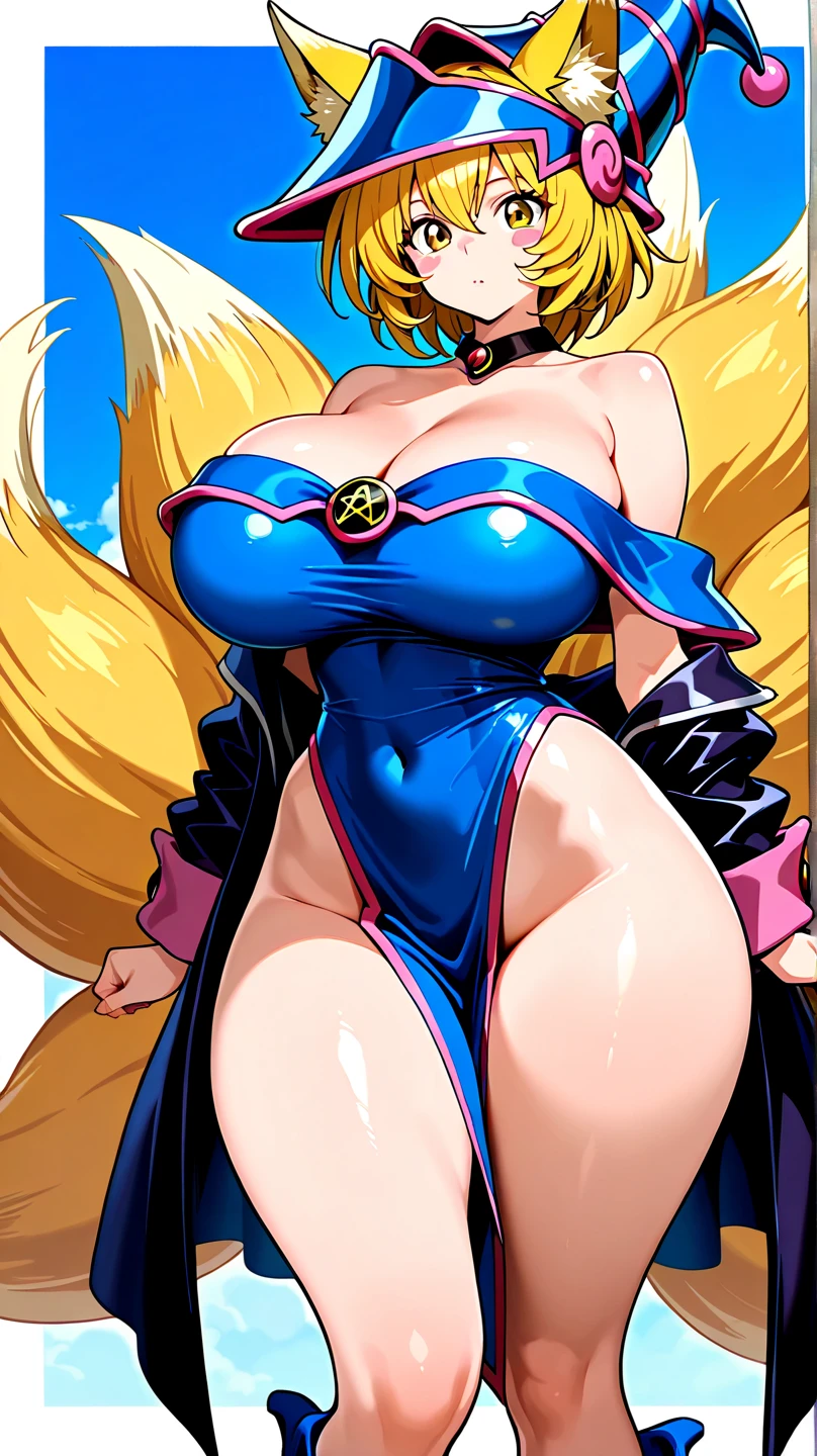 "Yang Xiao Long, with (eye-catching) huge breasts, wearing platform heels and a doll-like suit, mesmerized with captivating (hypnotic) spiral-wash eyes, alluring purple eyes, sporting bright (vibrant) lipstick, blonde long hair, and standing at attention."